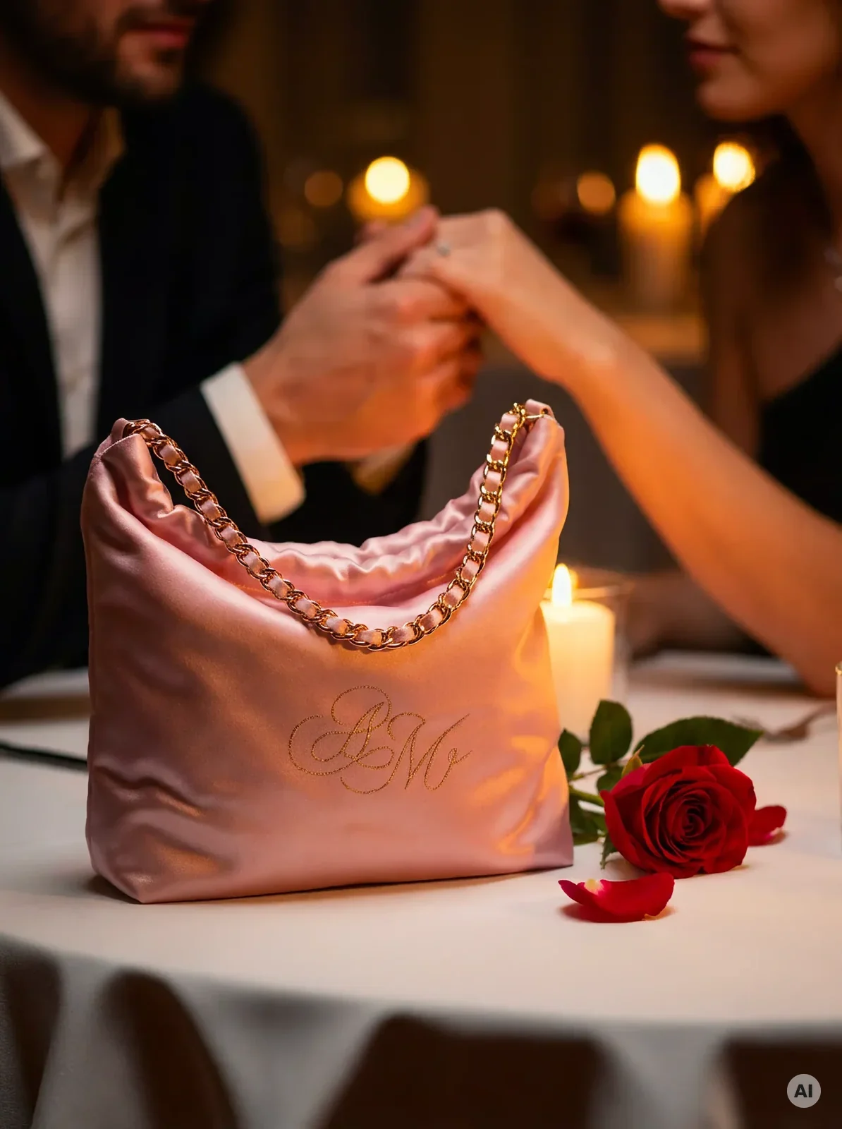 Sac de soirée Minuit au Soleil en satin rose Aube, brodé et personnalisé pour la Saint-Valentin