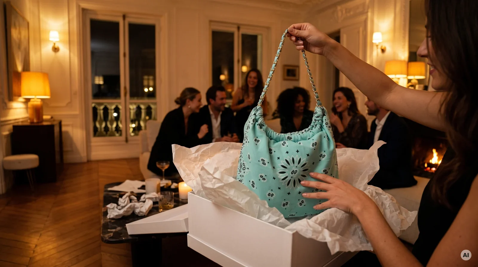 Une femme sort de sa boîte cadeau un sac bandana turquoise personnalisé