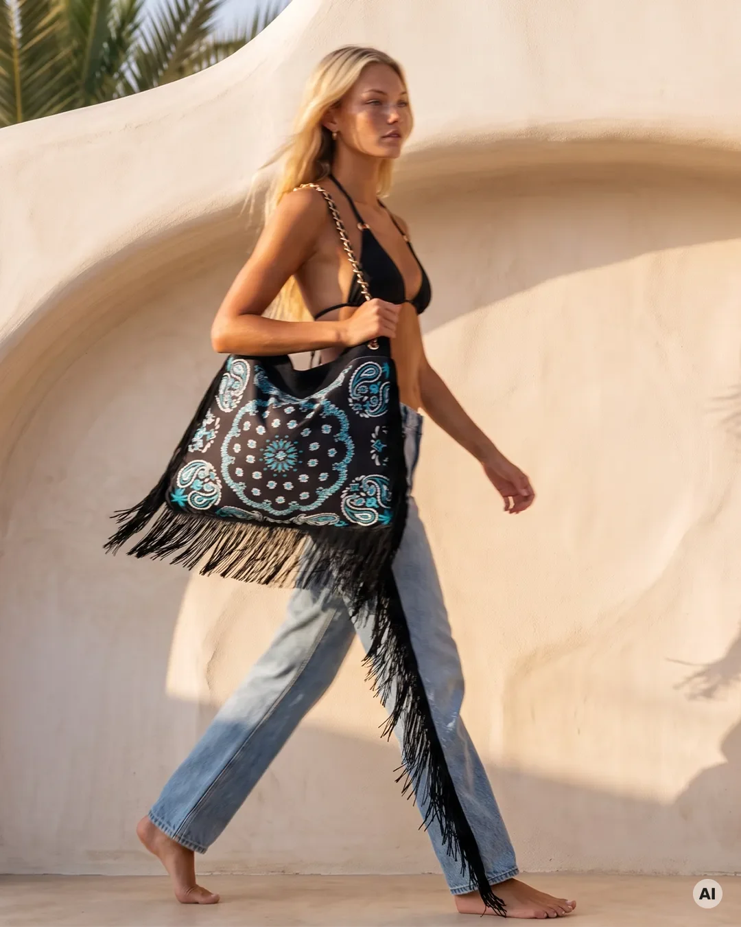 Balagan II bandana noir à franges turquoise — lookbook