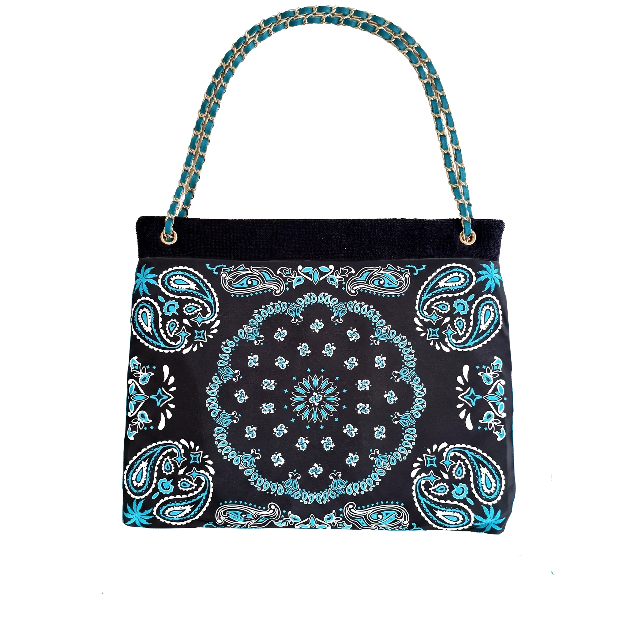 Bandana noir — à plat, chaîne turquoise