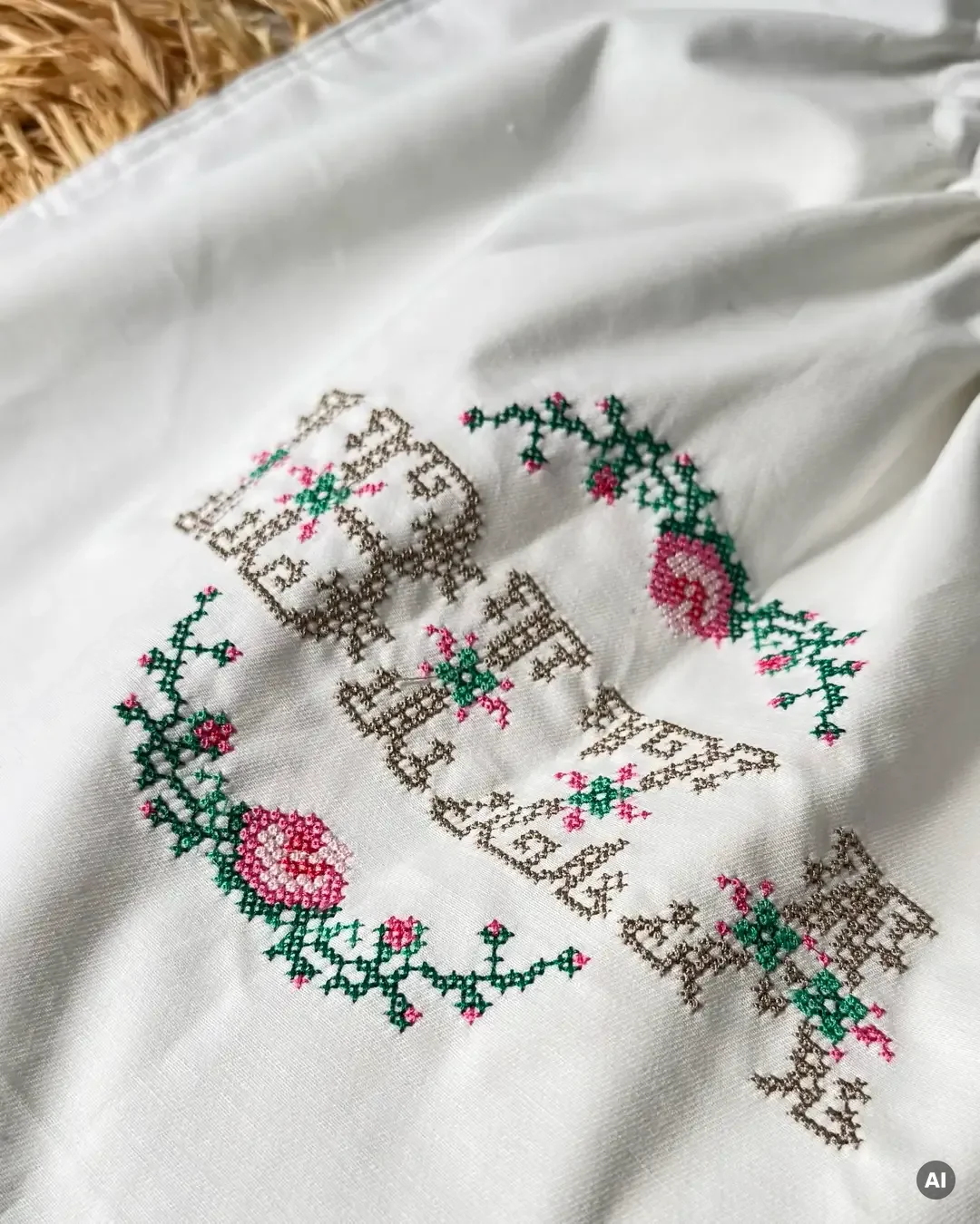 La Palme — détail de la broderie au point de croix